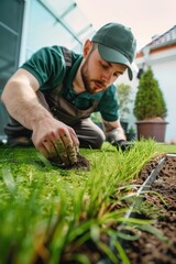 Man in green attire tending garden with hand tools.