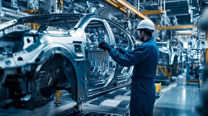 Fototapeta premium A skilled worker assembles a vehicle frame in a modern automotive factory, showcasing precision and craftsmanship amidst advanced machinery and bright lighting