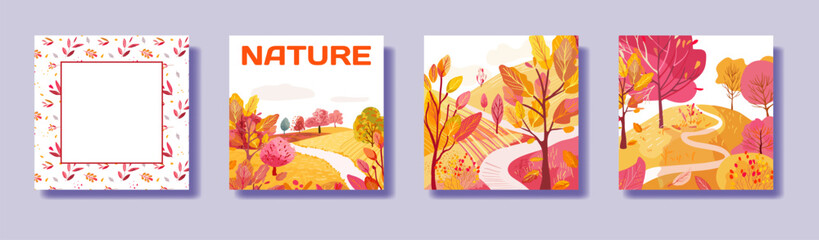 Set square poster with autumn park, Hand drawn. plants., Frame with seamless pattern. Print on Print, notebook or book cover. Postcard, poster or wallpapers. Vector