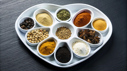 Various spices arranged neatly on a white tray, showcasing an array of colors and textures in a bright kitchen setting