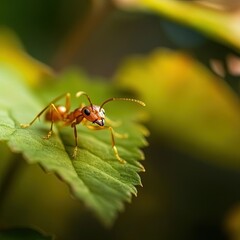 Naklejka premium Red Ant Perched on a Green Leaf