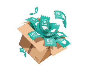 Many green paper promotional signs or tag label with text free shipping overflow from parcels or cardboard boxes for advertising promotions for parcel delivery services, vector 3d isolated for design
