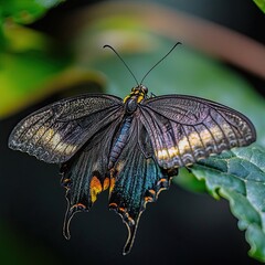 Obraz premium Black and Teal Butterfly with Yellow Markings Perched on a Green Leaf