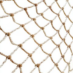 Fototapeta premium Close-up of a sturdy rope net with a white background, ideal for outdoor activities and sports, showcasing the intricate knots and design.