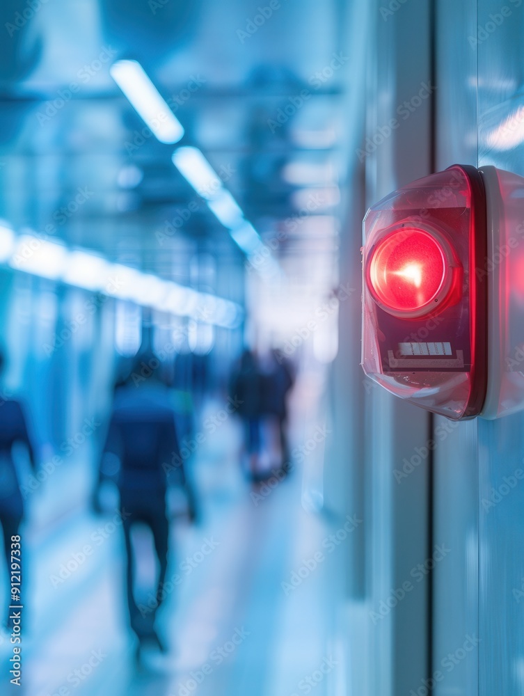Aufkleber a bright red fire alarm with an illuminated light and button is mounted on the wall in a bustling co