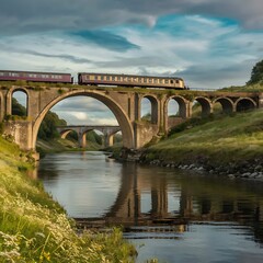 Fototapeta premium A sharp image of a picturesque rural train crossing an old, arched stone bridge over a tranquil river, surrounded by lush greenery and wildflowers, capturing the harmony between engineering and nature