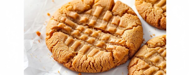 Peanut butter cookie with a crisscross pattern, closeup, against a white background