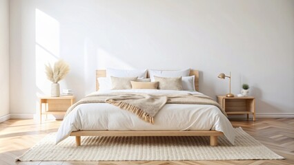 A minimalist bedroom features a low-profile bed with white bedding and an assortment of pillows. 