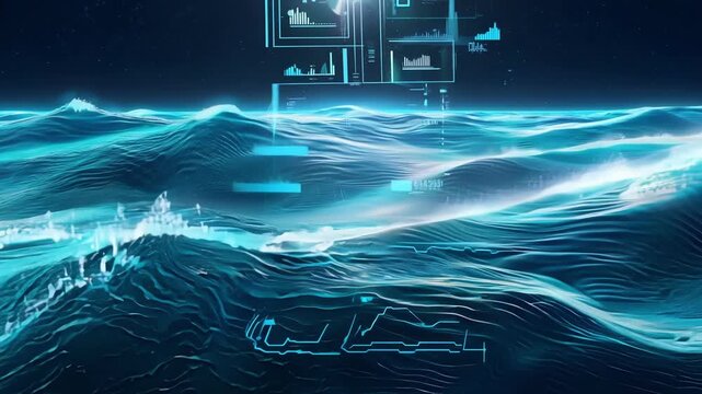 Real-time data visualization overlays show ocean waves illuminated by a sunset glow, highlighting technological advancements in marine research.