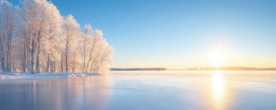 Frosty trees line a tranquil lake under a bright winter sunrise.