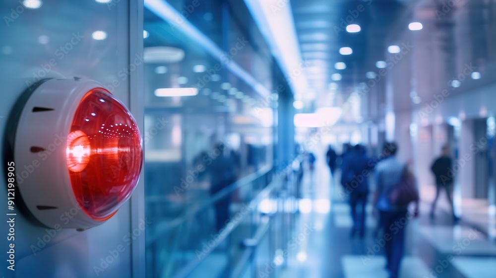 Poster a bright red fire alarm light and button are activated on the wall as people move through the busy i