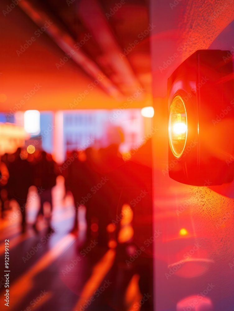 Poster a bright red fire alarm with a flashing light and button is mounted on a wall in a bustling indoor a