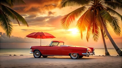 A Vintage Red Car With a Matching Umbrella on a Tropical Beach at Sunset  generative AI
