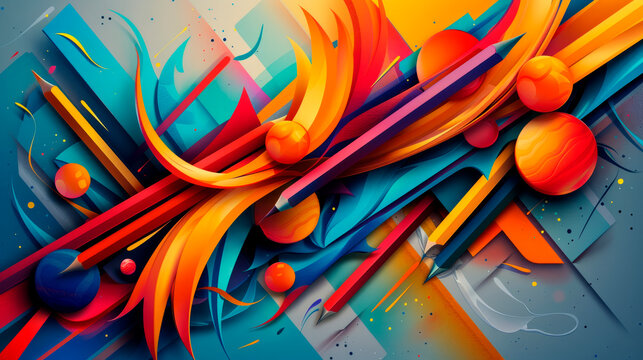 A colorful abstract piece featuring geometric shapes of school supplies in bright neon colors, creating a dynamic and engaging visual ideal for academic and study themes.