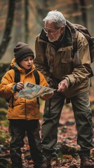 Fototapeta premium A grandfather helps his grandson navigate a map during their outdoor adventure in a colorful autumn forest