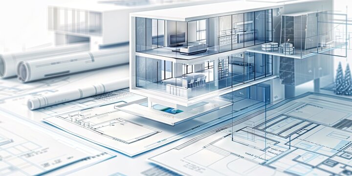  architectural elements and 3D renderings, sleek modern architectural designs, blueprints, 