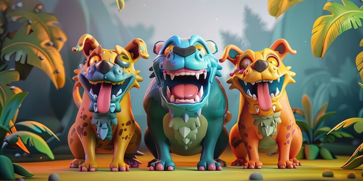 pack of wild hellhounds - colorful, happy, friendly, 3d cartoon,