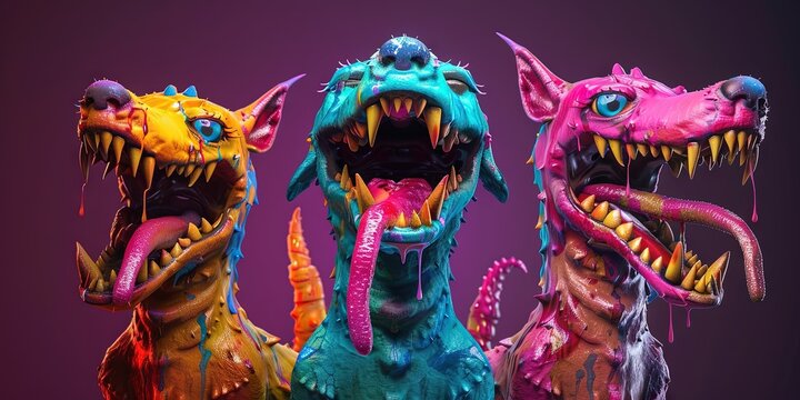 pack of wild hellhounds - colorful, happy, friendly, 3d cartoon,