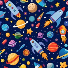 Seamless pattern of space-themed elements like rockets and planets