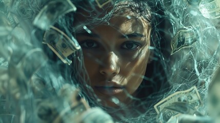 Woman trapped in a net of rising costs, symbolizing inflation entrapment, more clarity with clear light and sharp focus , high detailed ,