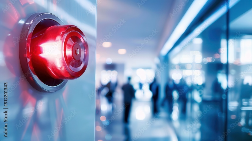 Poster A bright red fire alarm with a flashing light signals an emergency alert on a wall in a busy public building. Generative AI