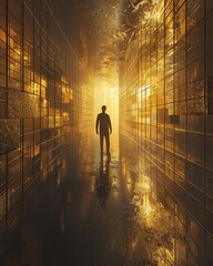 Person walking into a cage made of gold bars, symbolizing the trap of wealth, more clarity with clear light and sharp focus , high detailed ,