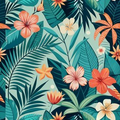 Seamless pattern of tropical palm leaves and flowers
