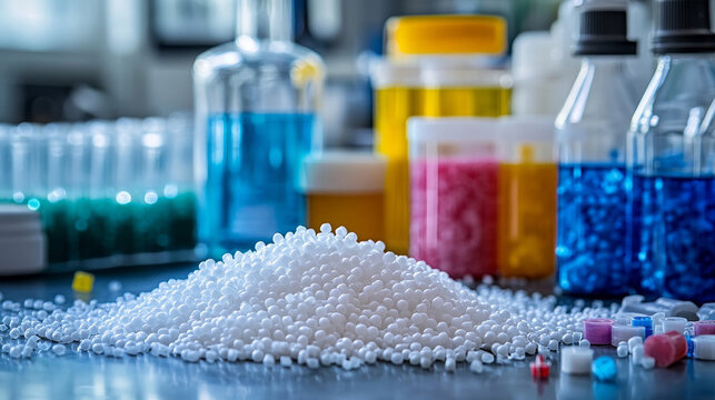 "Plastic raw material in granules against the background of a chemical laboratory and reagents. Research on polypropylene and ethylene in laboratory conditions."
