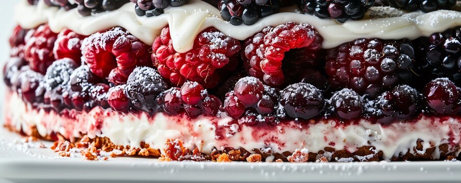 Danish pastry with a layer of mixed berries and icing, closeup, against a white background, vibrant and sweet - Powered by Adobe