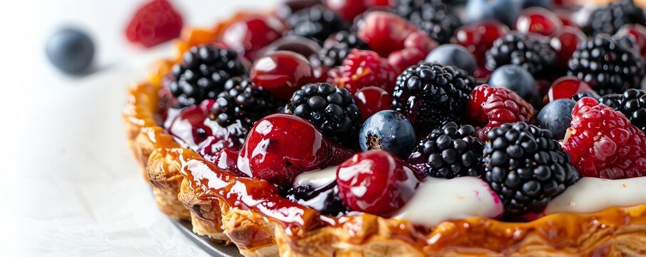 Danish pastry with a layer of mixed berries and icing, closeup, against a white background, vibrant and sweet