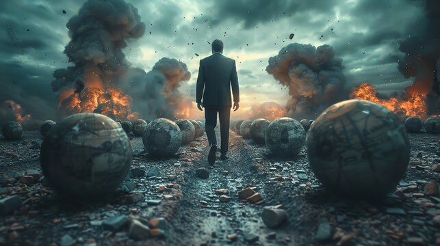 Businessperson walking into a field of landmines labeled economic risks, symbolizing financial dangers, more clarity with clear light and sharp focus , high detailed ,