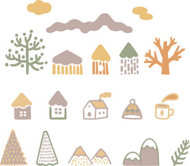 アイコン　あしらい　飾り　秋　冬　家　木　山　手描き　版画　はんこ　シンプル　イラスト素材セット