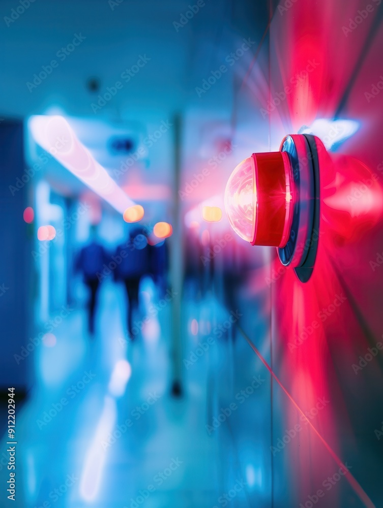Poster a bright red fire alarm light and button are mounted on the wall in a dimly lit corridor, indicating