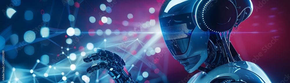 Poster futuristic robot with artificial intelligence interacting with digital interface, symbolizing advanc