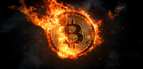 cryptocurrency concept, burning Bitcoin on a black background. illustration design