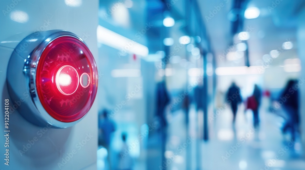 Poster a bright red fire alarm button lights up on the wall, signaling alertness in a busy public building.