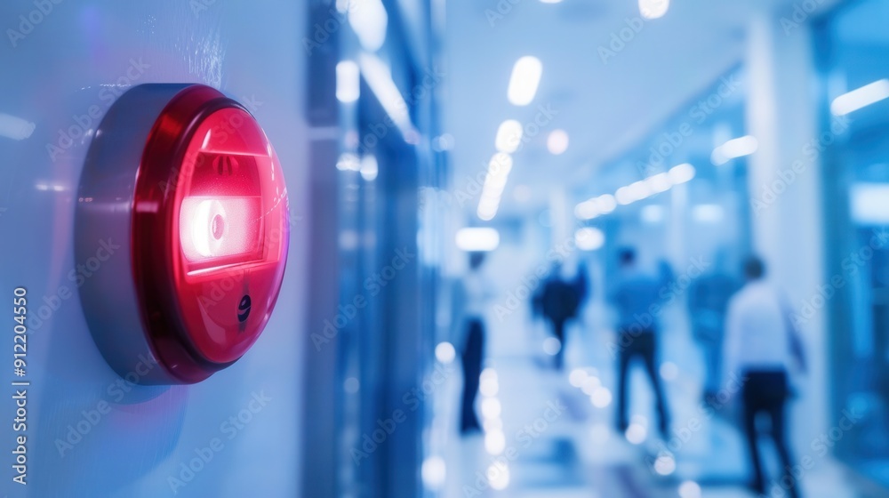 Poster a bright red fire alarm with an illuminated light and button is mounted on the wall in a contemporar