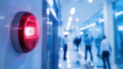 A bright red fire alarm with an illuminated light and button is mounted on the wall in a contemporary office environment. Generative AI
