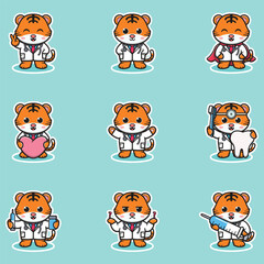 Vector illustration of Cute Character Cartoon of Tiger Doctor. Tiger character different poses illustration. Flat Cartoon Style. Animal Health Concept. 
