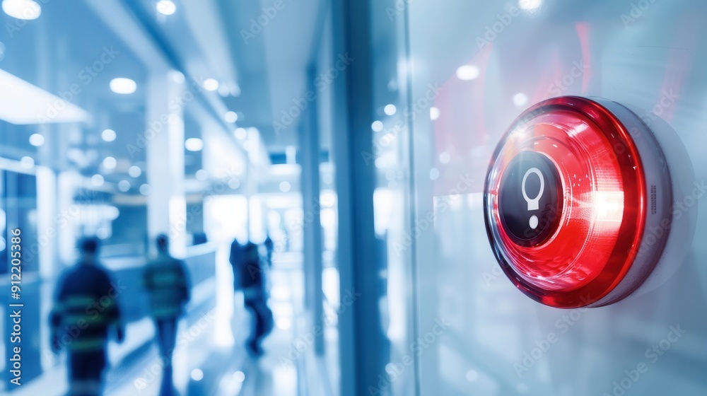 Aufkleber A bright red fire alarm button is illuminated on the wall, ready for use as people walk through a bustling public building corridor. Generative AI