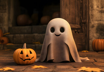 Halloween pumpkins and ghost-wearing witch hat design