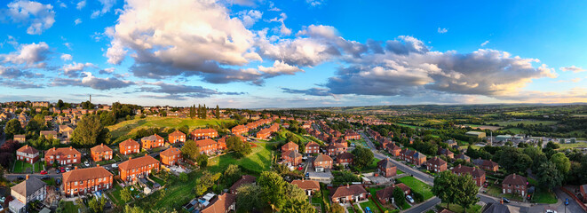 Panorama aerial drone photography of a summer evening in a typical urban town scene in the town of...