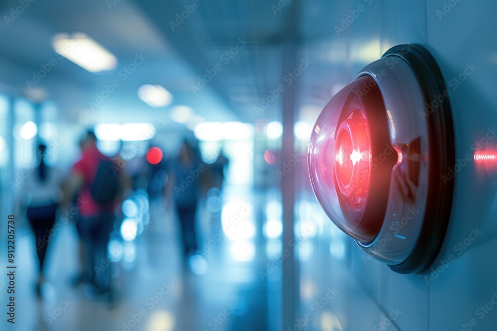 Poster A bright red fire alarm with an illuminated light and button is mounted on a wall in a bustling public space filled with individuals. Generative AI