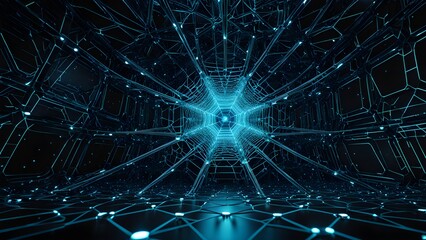 Obraz premium A computer generated image of a large, blue, lighted room with a large