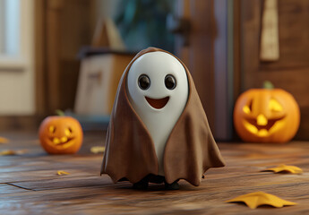 Halloween pumpkins and ghost-wearing witch hat design