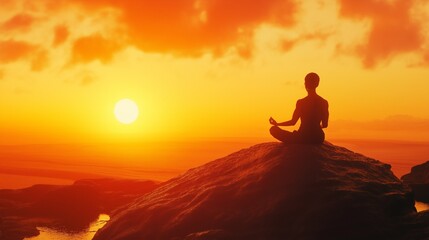 A peaceful, mindful image of a person meditating on a rock at dusk with a vivid orange sky in the distance. Artificial Intelligence