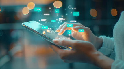 From behind the phone, hands are seen holding a smartphone, with the screen displaying a messaging app interface