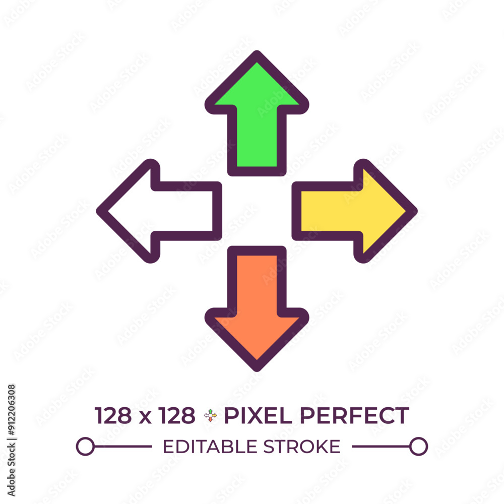 Poster enlarge rgb color icon. four arrows pointing outwards to represent expansion or decision making. zoo