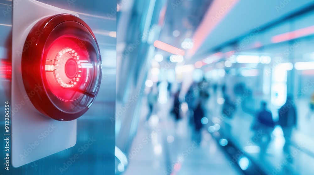 Poster a bright red fire alarm with an illuminated light is mounted on a wall in a bustling area, signaling