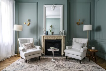 Minimalist living room with white vintage armchair carpet and elegant home decor